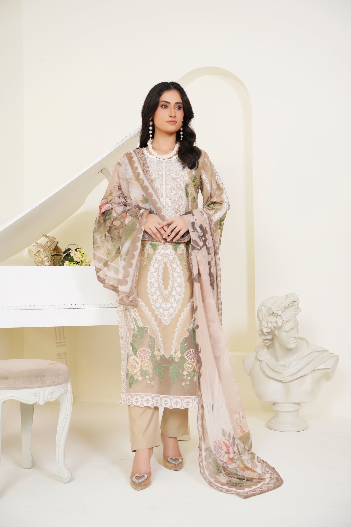 Emira – Beige 3Pc Embroidered Stone Linen Suit